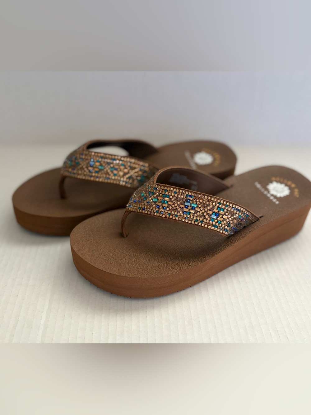 Yellow Box Penny flatform sandals blue & gold beaded detailing leather strap 8.5